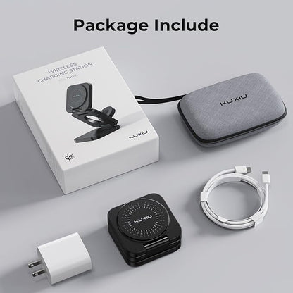 KU XIU Qi2.2 25W 3-in-1 Charging Station for Apple Device, Foldable Magnetic Charger for iPhone 17/16, 5W for Apple Watch & AirPods, Fast Travel Wireless Charging Stand with 45W Adapter