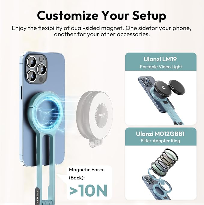 ULANZI MA30 Magnetic Phone Tripod Stand for iPhone, Aluminium Maglock Smartphone Mini Tripod Pocket Cell Phone Stand Strong Magnet Compatible with iPhone 17 16 15 14 13 12 Series, Mint Green