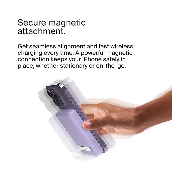 Belkin Portable Charger, Wireless Power Bank 5000 mAh MagSafe Charger 7.5W, Built-in Pop-up Kickstand - iPhone 17, Air, Pro, Pro Max, iPhone 16, AirPods, Apple Watch, Google Pixel 10, etc. - Purple