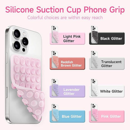 Silicone Suction Cup Phone Case Mount Double Sided, Phone Accessories Hands-Free Strong Grip Holder for Selfies and Videos (Light Pink Glitter)