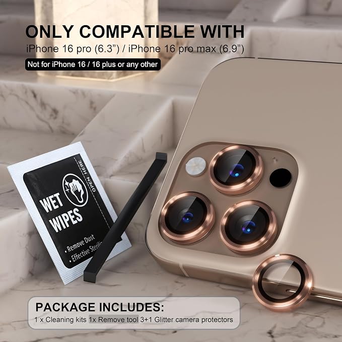 Choiche Compatible for iPhone 16 Pro/iPhone 16 Pro Max Camera Lens Protector, 9H Tempered Glass Camera Cover Screen Protector Metal Ring Decoration Accessories(Titanium Desert)