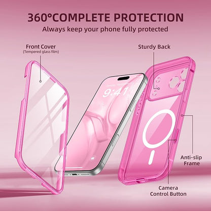 BERFY for iPhone 17 Pro Case, Compatible with MagSafe, Built-in Glass Screen Protector, Camera Protection, Shockproof Full Body Phone case 6.3", Clear Bright Pink
