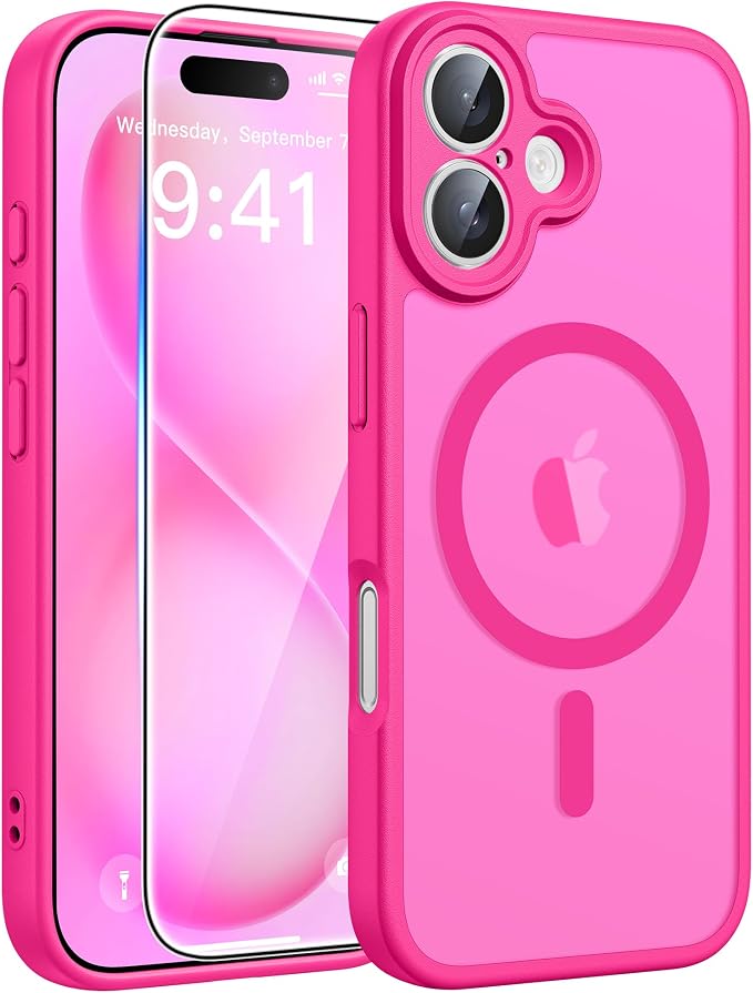 FNTCASE for iPhone 16 Plus Case: [Compatible with Magsafe] Translucent Matte Cases with [Full Camera Protection] [Screen Protector] Military Grade Shockproof Protective Phone Cover - Hot Pink