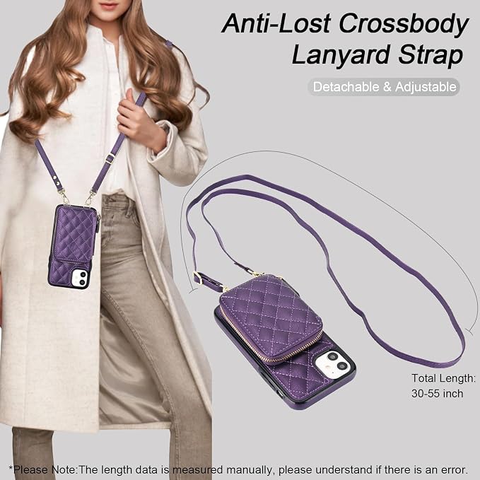 Bocasal Crossbody Wallet Case for iPhone 11, RFID Blocking PU Leather Zipper Handbag Purse Flip Cover, Kickstand Folio Case with Card Slots Holder Wrist Strap Lanyard 6.1 Inch (Dark Purple)