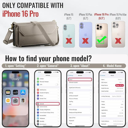 Strapurs Wallet Case Compatible with iPhone 16 Pro 6.3" RFID Blocking 10-Card Holder Soft PU Leather Magnetic Snap Shoulder Strap Zipper Pocket Phone Case Fit for iPhone 16 Pro for Women - Grey