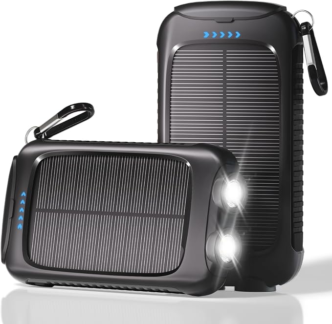 Solar Power Bank 20000mAh, Black Portable Charger with USB-C&USB-A Outputs, Emergency Backup Battery Pack, LED Flashlight, for iPhone Samsung Android – Solar for Emergency Only, Perfect for Camping
