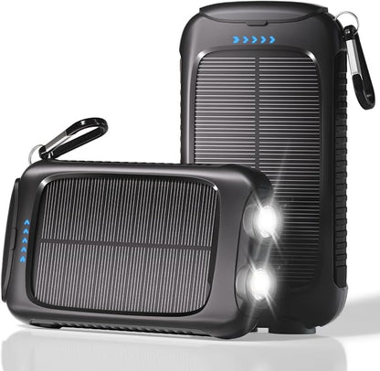 Solar Power Bank 20000mAh, Black Portable Charger with USB-C&USB-A Outputs, Emergency Backup Battery Pack, LED Flashlight, for iPhone Samsung Android – Solar for Emergency Only, Perfect for Camping