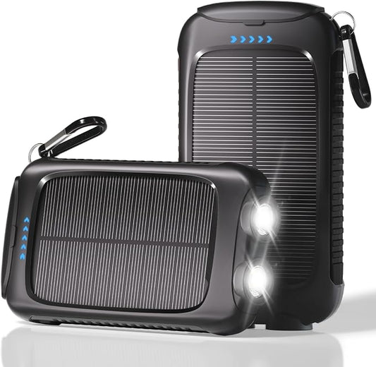 Solar Power Bank 20000mAh, Black Portable Charger with USB-C&USB-A Outputs, Emergency Backup Battery Pack, LED Flashlight, for iPhone Samsung Android – Solar for Emergency Only, Perfect for Camping