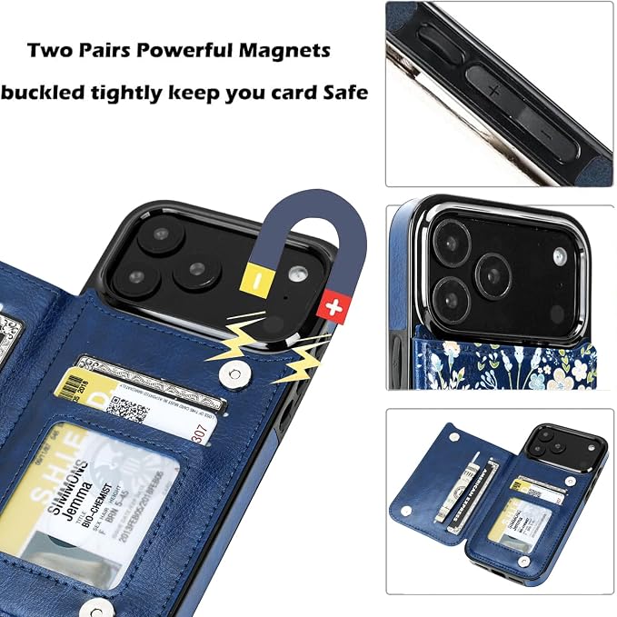 uCOLOR for iPhone 17 Pro Max Wallet Case with Card Holder PU Leather RFID Blocking Design iPhone 17 Pro Max flip case for Women Men Magnetic Clasp Kickstand Design 6.9 inch (Blue Daisy)