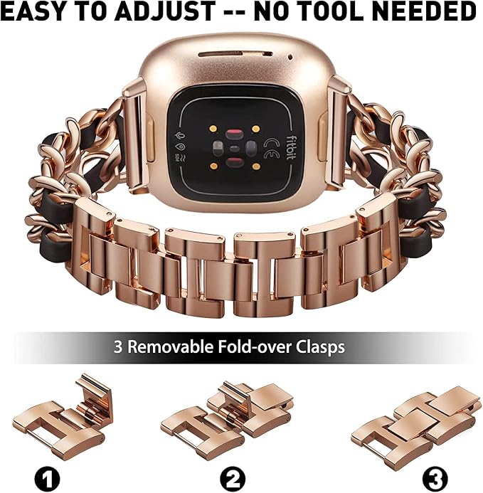 Stainless Steel Bands Compatible for Fitbit Versa 4/Fitbit Sense 2 Smartwatch With Bling Case Cover,Chic Leather Metal Wristband Accessories Strap for Women Bracelet
