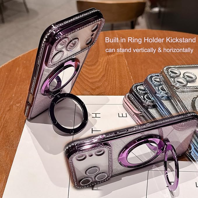 for iPhone 17 Pro Magnetic Kickstand Case, [Compatible with Magsafe] Shockproof Glitter Cute Bling Cover Makeup Mirror Ring Holder Camera Protector for Girls Woman for iPhone 17 Pro, Silver