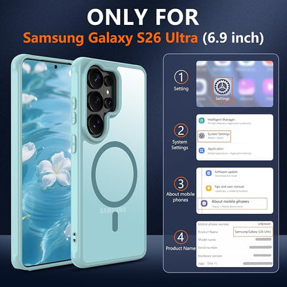 for Samsung Galaxy S26 Ultra Phone Case: S26 Ultra Case [Mag-Safe Fit] with 2PC HD Screen Protector,Frosted Translucent S26 Ultra Case Soft-Touch Skin Protection for Galaxy S26 Ultra Cover,Mint Greenn