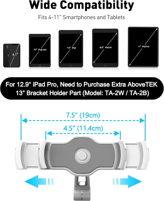 AboveTEK iPad Suction Mount, Phone Tablet Stand Holder with Suction Cup Fits 4"-11" Tablet/Phone/iPad mini/Air, Sticky iPads Mount on Window Bathroom Mirror, for Car Truck Windshield Boat (White)