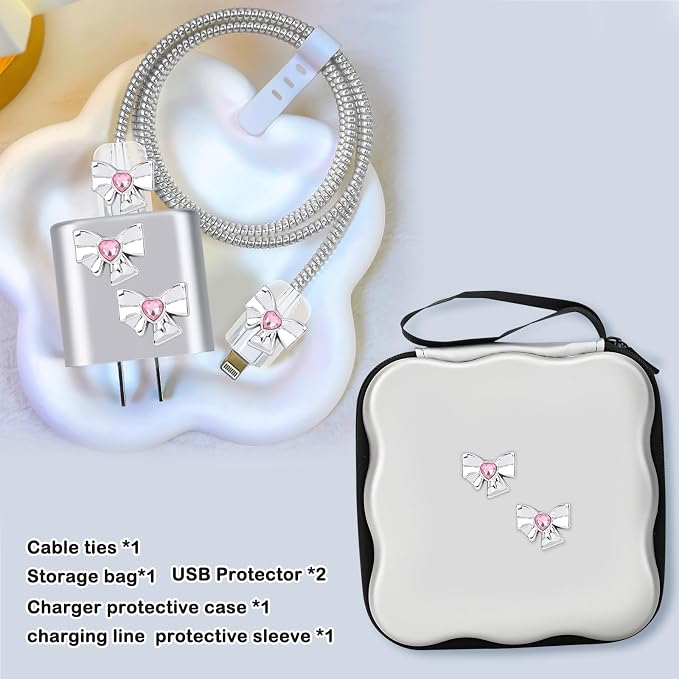 CameCosy Silver Phone Charger Storage Case Cover Sets for iPhone with Cable Protector Earphone Wire Saver, Portable Travel Storage Bag, Cute Cable Charger Protector Cord Organizer (Diamond Bow Tie)