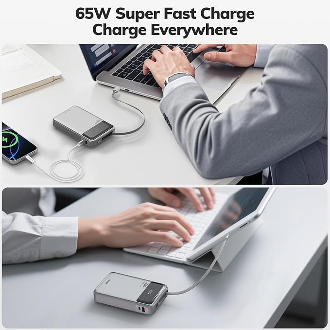 Hichain Laptop Power Bank 65W 20000mAh Portable Charger with Built-in USB-C Cable, 3-Port Fast Charging Battery Pack for MacBook iPhone 17 16/15 Series Android Switch Travel Essential Silver