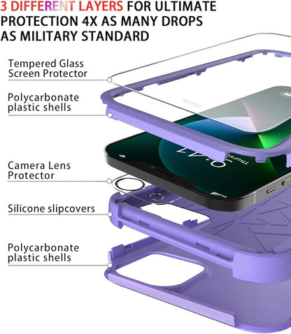 Diverbox for iPhone 13 Case [Shockproof] [Dropproof] [Tempered Glass Screen Protector + Camera Lens Protector],Heavy Duty Protection Phone Case Cover for Apple iPhone 13 (Purple)
