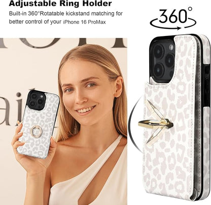 HAOPINSH for iPhone 16 Pro Max Wallet Case with Card Holder, 360°Rotation Ring Kickstand, White Leopard Pattern, RFID Blocking Leather for Girls Women, Double Buttons Protective Cover 6.9"