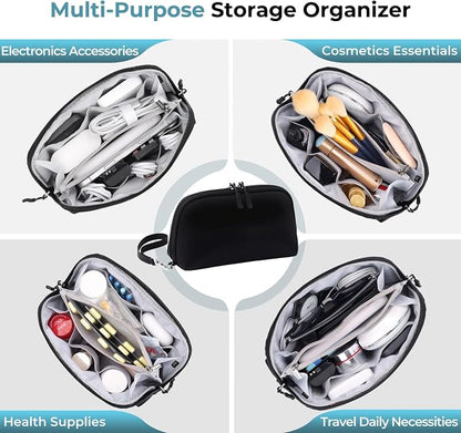 FYY Travel Cable Organizer - 8 Compartments, Lightweight, Water Repellent | With Wrist Strap, Portable Tech Pouch for Cord Charger, Travel and Business Trips Use, Soft Shell Nylon, Black (Medium)