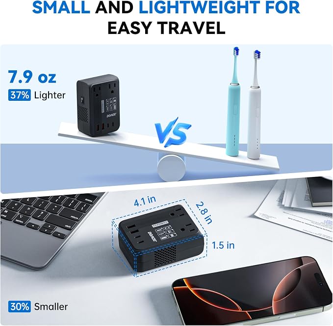 DOACE 350W Travel Voltage Converter US to Europe 220V to 110V Converter for Curling Iron Straightener Converter for European Travel 4 USB Charging Universal Power Plug Adapter UK/AU/US/EU, Black