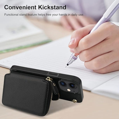 Bocasal Crossbody Wallet Case for iPhone 12/12 Pro, RFID Blocking Leather Purse Case with Card Holder, Protective Handbag Flip Cover with Zipper Wrist Strap Lanyard for Women 5G 6.1 Inch (Black)