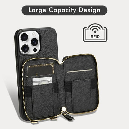 LAMEEKU Compatible with iPhone 16 Pro Wallet Case with Card Holder, Zipper Leather Crossbody Case with Phone Grip Holder Stand Wrist Strap for Women 6.3 inch Black