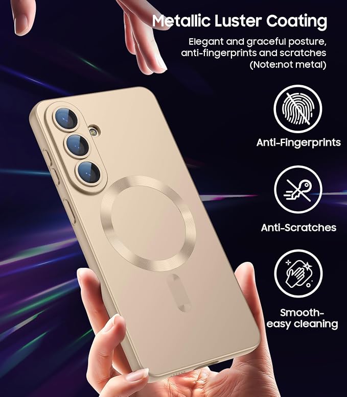 Magnetic for Samsung Galaxy S26 Plus Case [Compatible with MagSafe][Built-in Camera Lens Protector] Slim Soft Silicone Bumper Shockproof Metallic Luster Phone Case, Gold