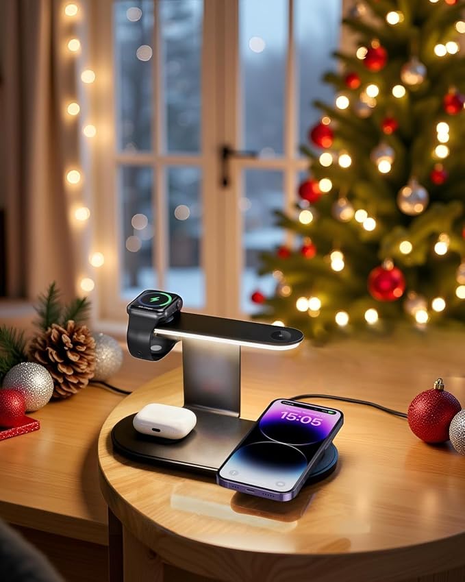 KeeKit Wireless Charger, 4 in 1 Wireless Charging Station with Dimmer Night Light, Fast Charging Dock for iPhone, iWatch, AirPods, Lamp Charging Station for Bedroom, Desk, Office