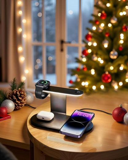 KeeKit Wireless Charger, 4 in 1 Wireless Charging Station with Dimmer Night Light, Fast Charging Dock for iPhone, iWatch, AirPods, Lamp Charging Station for Bedroom, Desk, Office
