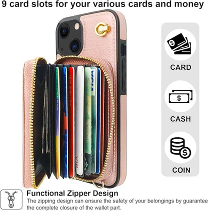 Bocasal Crossbody Wallet Case for iPhone 14/13, RFID Blocking Leather Purse Case with Card Holder, Protective Handbag Flip Cover with Zipper Wrist Strap Lanyard for Women 5G 6.1 Inch (Rose Gold)