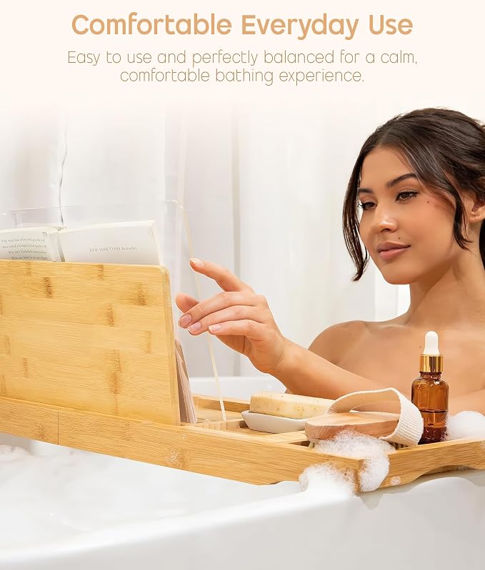 ADOV Bathtub Tray, Foldable Bamboo Bathtub Caddy, Adjustable Bath Tray for Tub with Book Rest, Phone, Tablet, Candle, Towel, Glass Holder, Extendable Wooden Bath-Shelf Fits Most Bathtubs Sizes