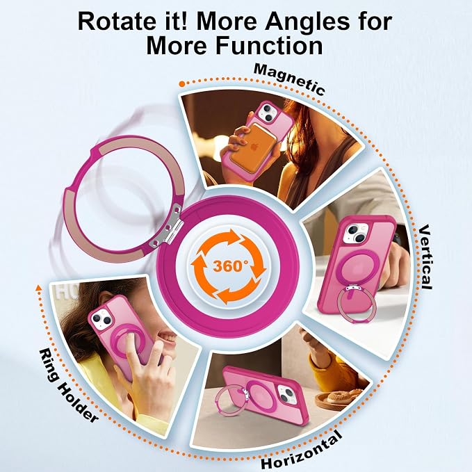 360° Magnetic Swivel Ring for iPhone 14 Plus case, Built-in Metal Stand and Ring Holder, Magsafe Compatible, Military Grade Protection, Shockproof - Rose Pink