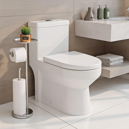 Toilet Paper Holder Stand with Phone Shelf, Holds 5 Rolls, Free Standing TP Roll Holder for Bathroom, Practical Shelf on Top for Phone, Wet Wipes, Potted Plant (Brushed Nickel)