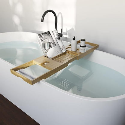 Acacia Bathtub Tray - Natural Wood Tray with Extended Sides, Wine Glass Holder, Book, Phone, or Tablet Rest - for Bath Accessories by Home-Complete