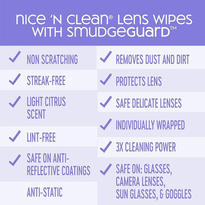 Nice 'n Clean SmudgeGuard Lens Cleaning Wipes (100 Total Wipes) | Pre-Moistened Individually Wrapped Wipes | Non-Scratching & Non-Streaking | Safe for Eyeglasses, Goggles, & Camera Lens
