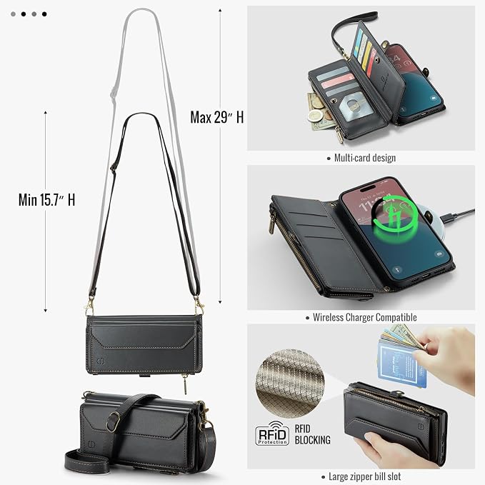 Strapurs Wallet Case Compatible with iPhone 16 Plus 6.7" RFID Blocking 10-Card Holder Soft PU Leather Magnetic Snap Shoulder Strap Zipper Pocket Phone Case Fit for iPhone 16 Plus - Black