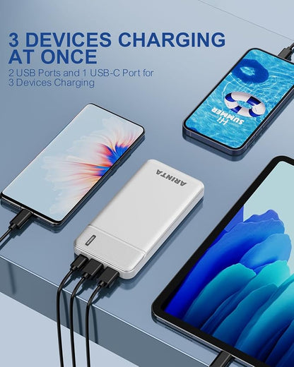 5V 2.4A Power Bank Portable Charger 10000mAh, Battery Pack Ultra Slim with USB-C Input/Output, Travel Essentials, Compatible for Smartphones & Tablets, Gifts for Men Women. (White)