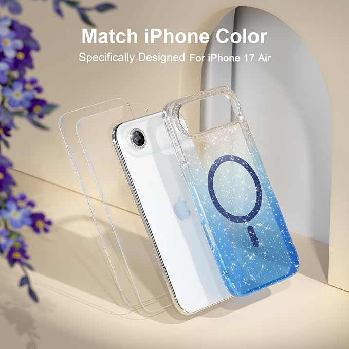 Choiche Magnetic for iPhone 17 Air Case Compatible with MagSafe, Women Cute Glitter Sparkly Phone Case with Diamond Camera Lens Protectors, Military-Grade Drop Protection 6.5" (Clear/Blue)