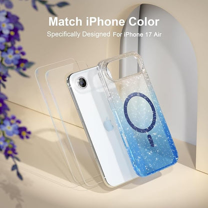 Choiche Magnetic for iPhone 17 Air Case Compatible with MagSafe, Women Cute Glitter Sparkly Phone Case with Diamond Camera Lens Protectors, Military-Grade Drop Protection 6.5" (Clear/Blue)