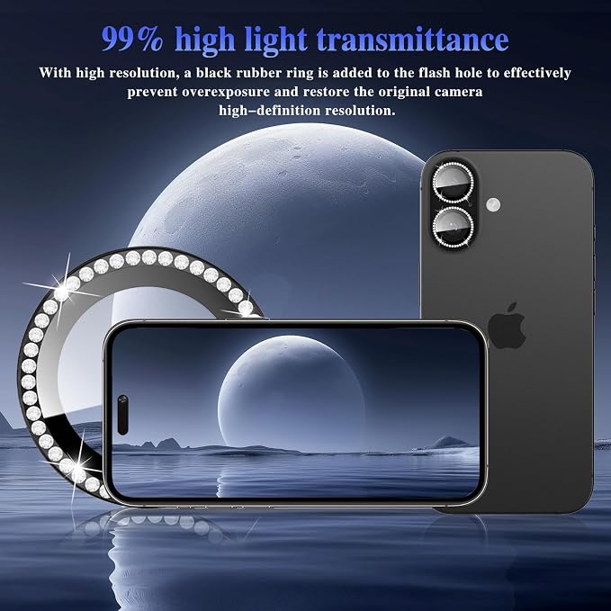 ShinKin Camera Lens Protector for iPhone 17, Glitter Camera Cover, 9H Tempered Glass Individual Metal Ring Camera Protector for iPhone 17 (Diamond - Black)