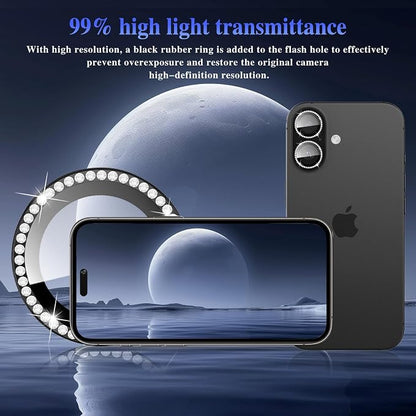 ShinKin Camera Lens Protector for iPhone 17, Glitter Camera Cover, 9H Tempered Glass Individual Metal Ring Camera Protector for iPhone 17 (Diamond - Black)