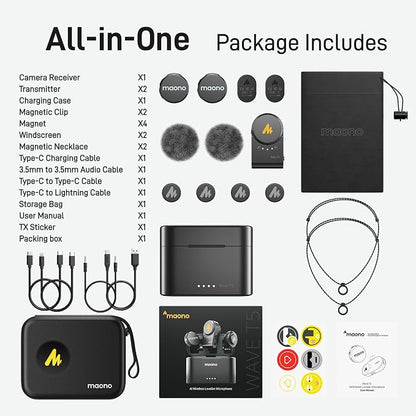 MAONO Wireless Lavalier Microphone for Camera/PC/Laptop/Phones, Mini Lapel Mic with 48khz 24bit, 1000ft Range, Noise Cancellation, Gain Knob, Mono-Stereo Switch, 30H Use for Video Recording - Wave T5