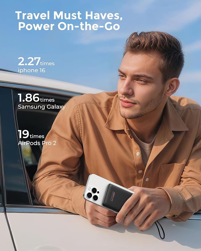 Portable Charger 10000mAh, Ultra Slim Power Bank Fast Charging with Attached USB C Cable, Travel Essential Phone Power Bank Battery Pack for iPhone 17/16/15/14 Samsung S25 Google etc