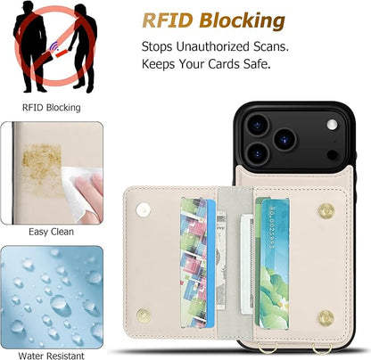 LOHASIC for iPhone 17 Pro Case Wallet with Detachable Crossbody Strap & Wrist Lanyard, RFID Blocking, 4 Card Slots 2 Cash Pockets, Leather Case with Card Holder for Women Girls, Ivory White