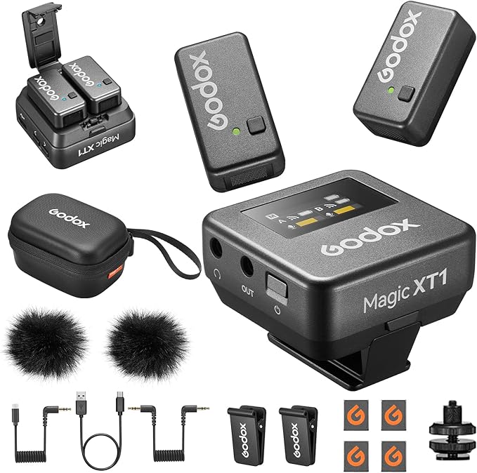 GODOX Magic XT1 Wireless Lavalier Microphone, Microphone for Camera (2 TX + 1 RX Charging Case), Mini Mic with Noise Cancellation, 16H Battery, Touch Screen 200M/60ft
