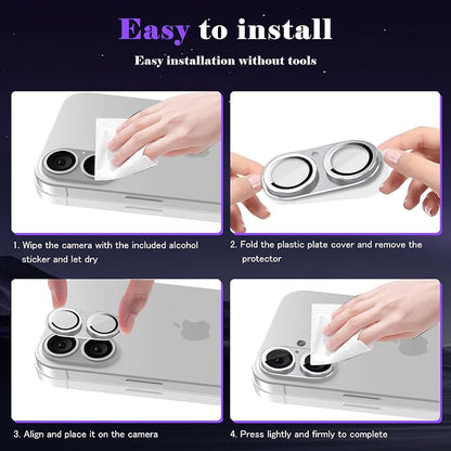 Camera Lens Protector for iPhone 16 / iPhone 16 Plus Camera Lens Protector [Strong Adsorption] [Not Easy to Break] Metal Tempered Glass Rear Camera Screen Cover - Silver