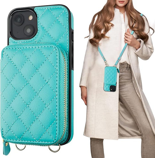 Bocasal Crossbody Wallet Case for iPhone 14 Plus, RFID Blocking PU Leather Zipper Handbag Purse Flip Cover, Kickstand Folio Case with Card Slots Holder Wrist Strap Lanyard 5G 6.7 Inch (Mint Green)