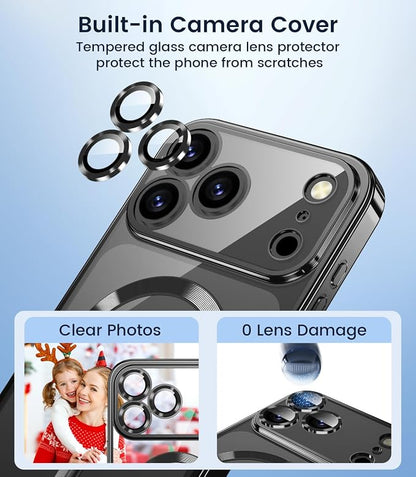 Slim Thin for iPhone 17 Pro Case Clear, Compatible with MagSafe, Built-in Camera Lens Protector, Shockproof Protective Phone Case, Soft Electroplated Magnetic Cover, Black