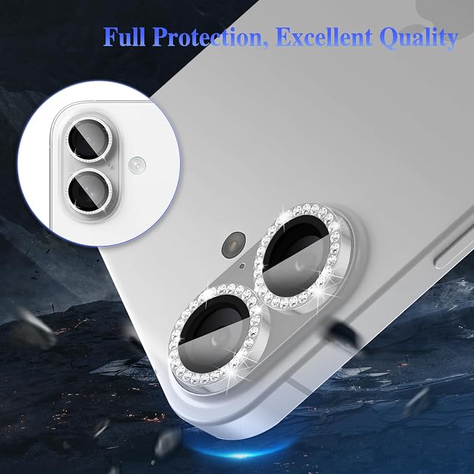 ShinKin Camera Lens Protector for iPhone 16/iPhone 16 Plus, Bling Glitter Camera Cover, 9H Tempered Glass Individual Metal Ring Camera Protector for iPhone 16/iPhone 16 Plus (Diamond - Silver)