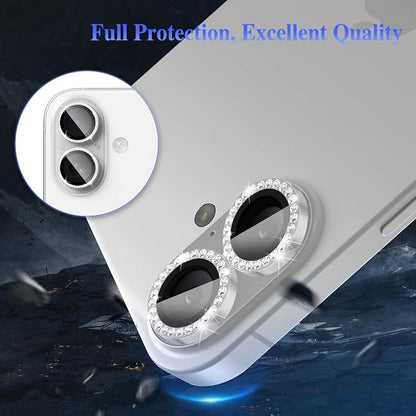 ShinKin Camera Lens Protector for iPhone 16/iPhone 16 Plus, Bling Glitter Camera Cover, 9H Tempered Glass Individual Metal Ring Camera Protector for iPhone 16/iPhone 16 Plus (Diamond - Silver)