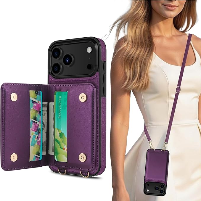 LOHASIC for iPhone 17 Pro Case Wallet with Detachable Crossbody Strap & Wrist Lanyard, RFID Blocking, 4 Card Slots 2 Cash Pockets, Vegan Leather Case with Card Holder for Women Girls, Purple